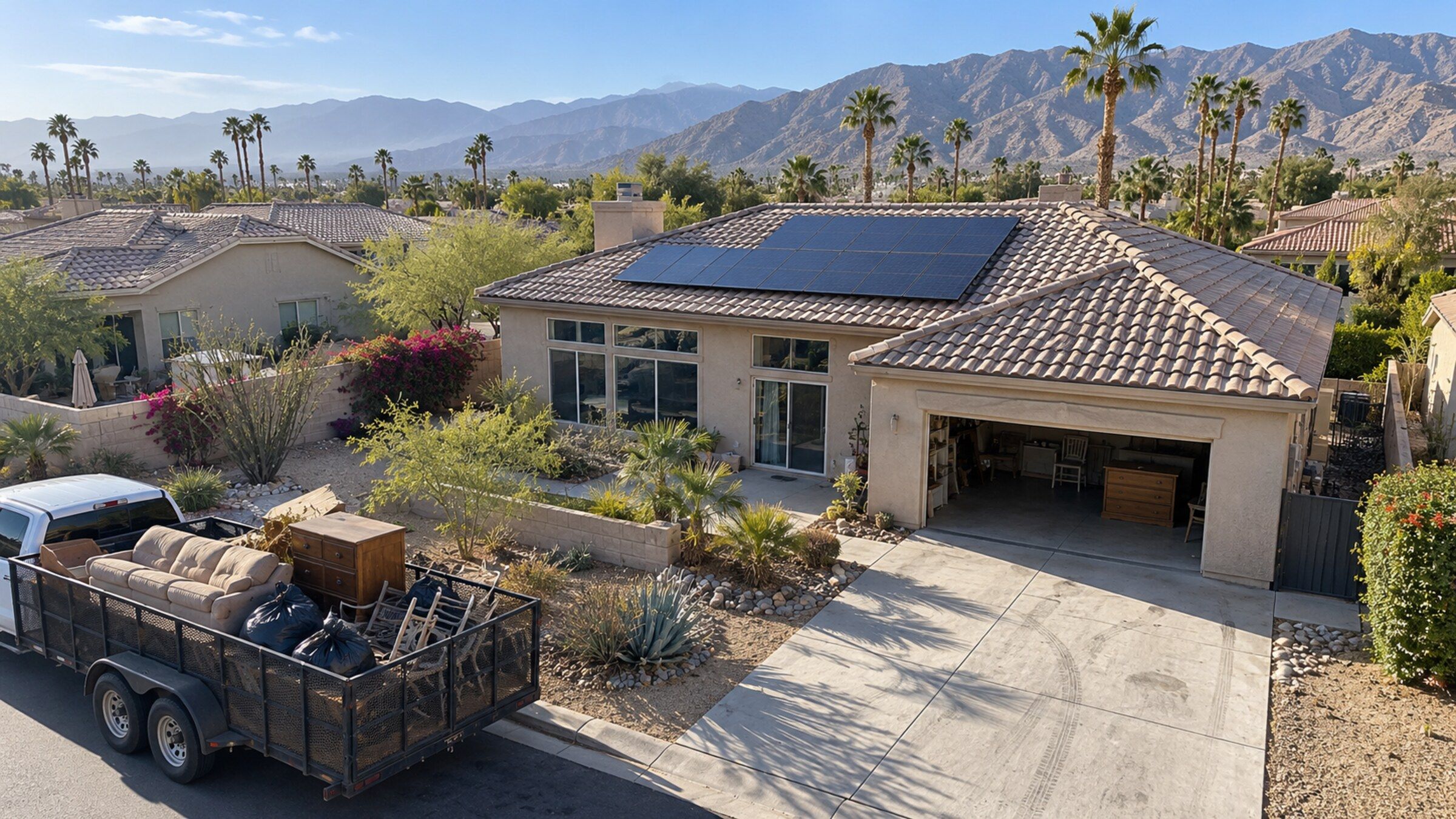 Property illustration: a solar-equipped desert home with windows, a driveway and a haul-away trailer
