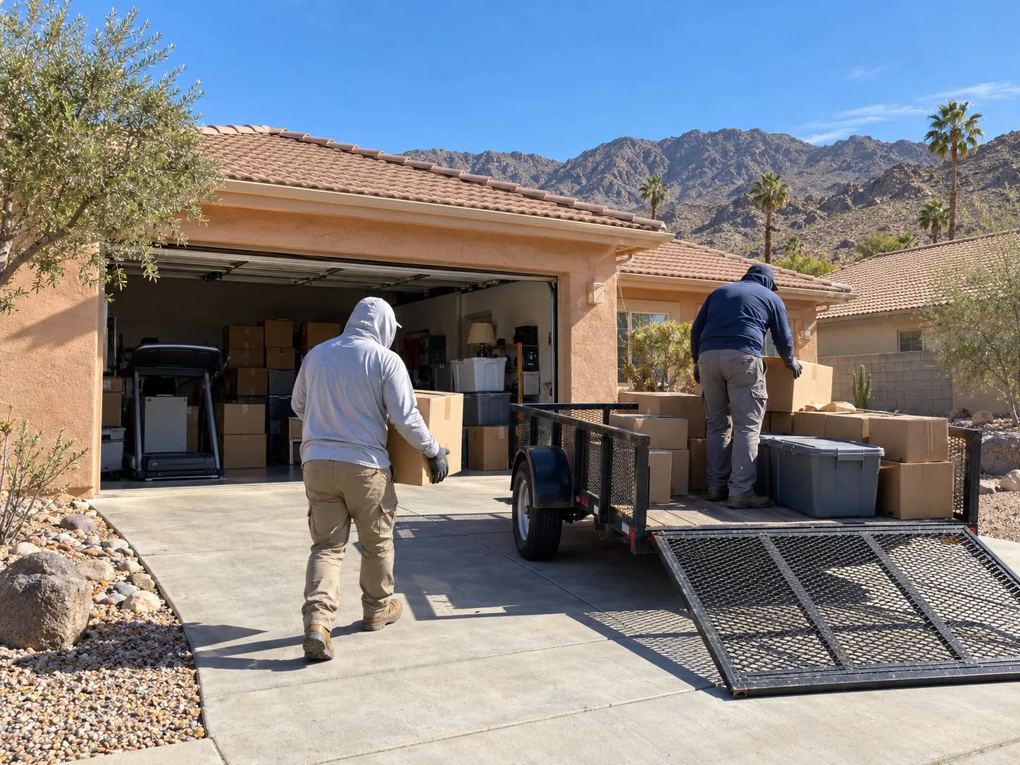 Service illustration: workers clearing garage clutter into a trailer at a Cathedral City home