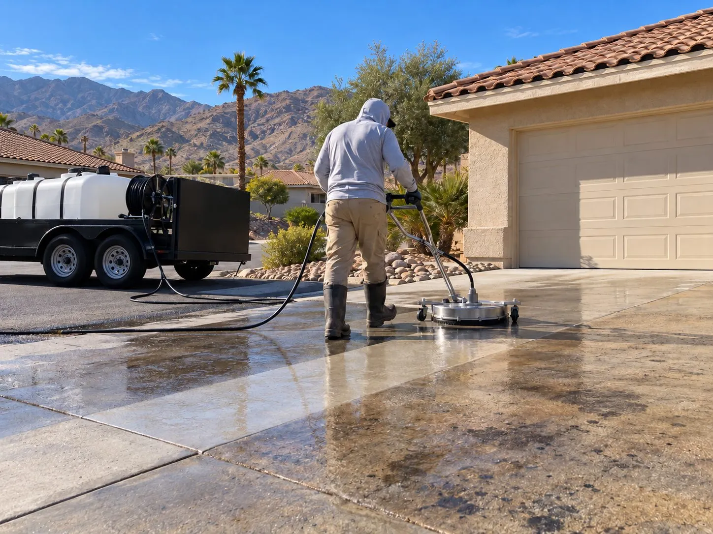 Service illustration: a surface cleaner lifting stains from a Cathedral City driveway