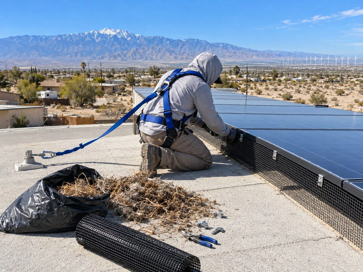 Service illustration: a worker installing critter mesh under solar panels on a Desert Hot Springs roof