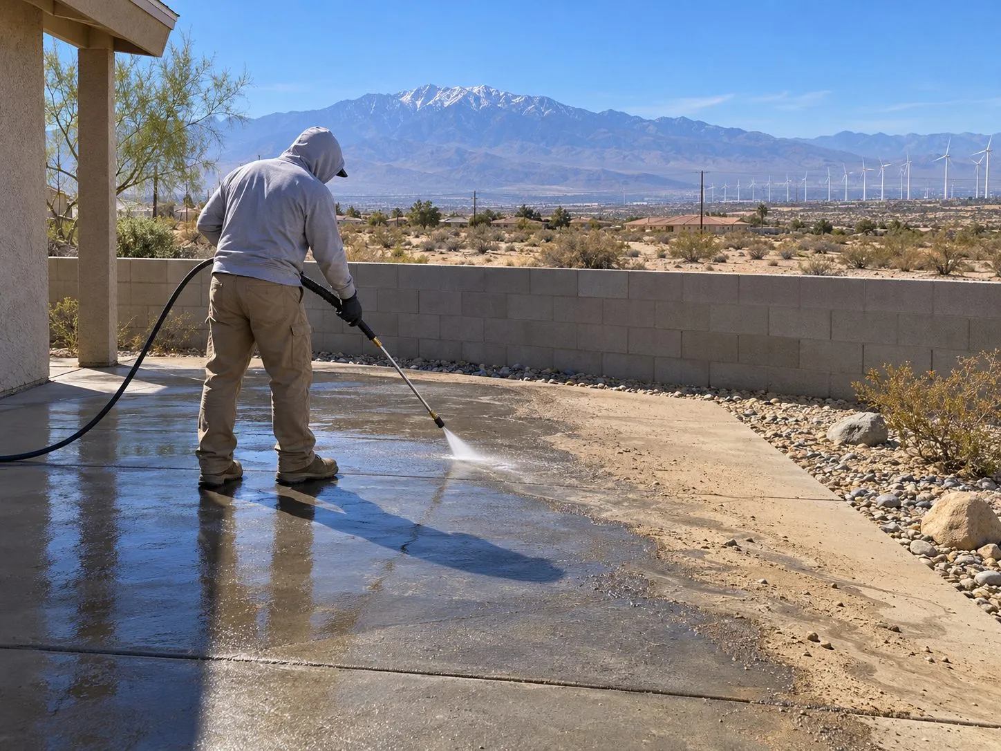 Service illustration: a worker rinsing wind-blown sand from a patio in Desert Hot Springs