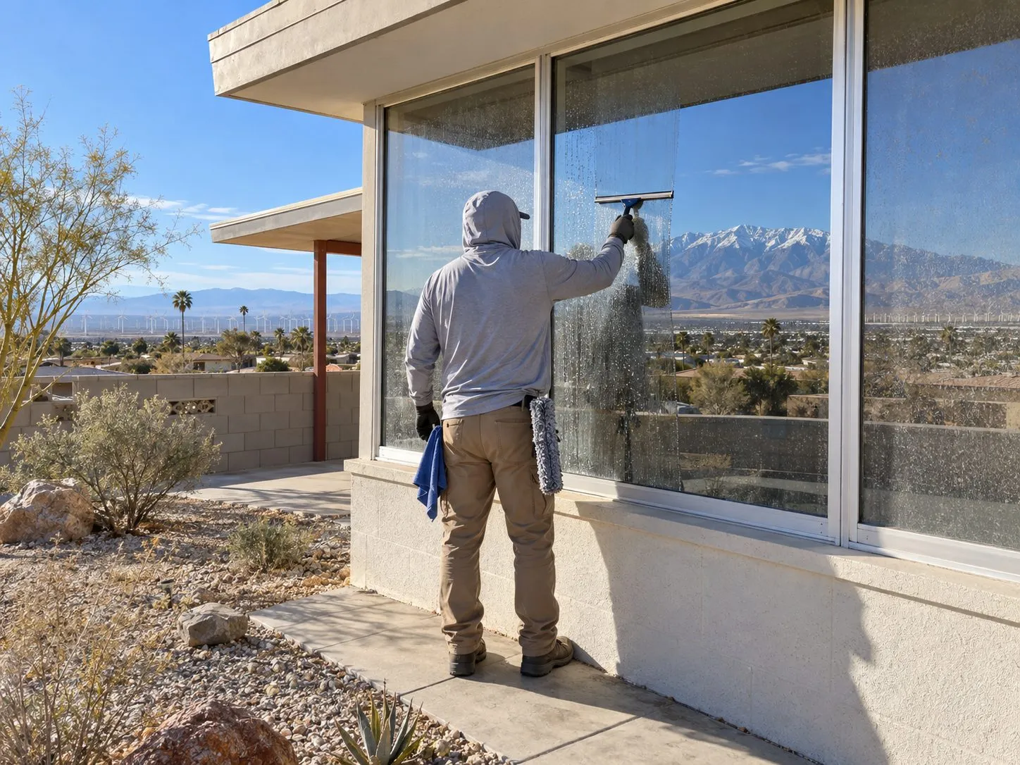 Service illustration: a worker cleaning dusty windows with a valley view in Desert Hot Springs