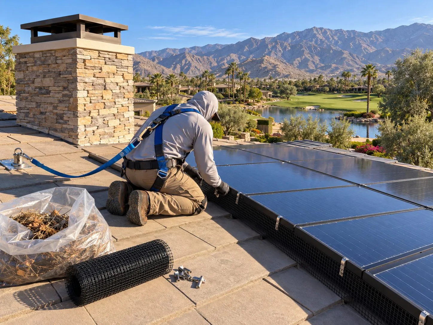 Service illustration: a worker fitting critter mesh around solar panels on an Indian Wells roof