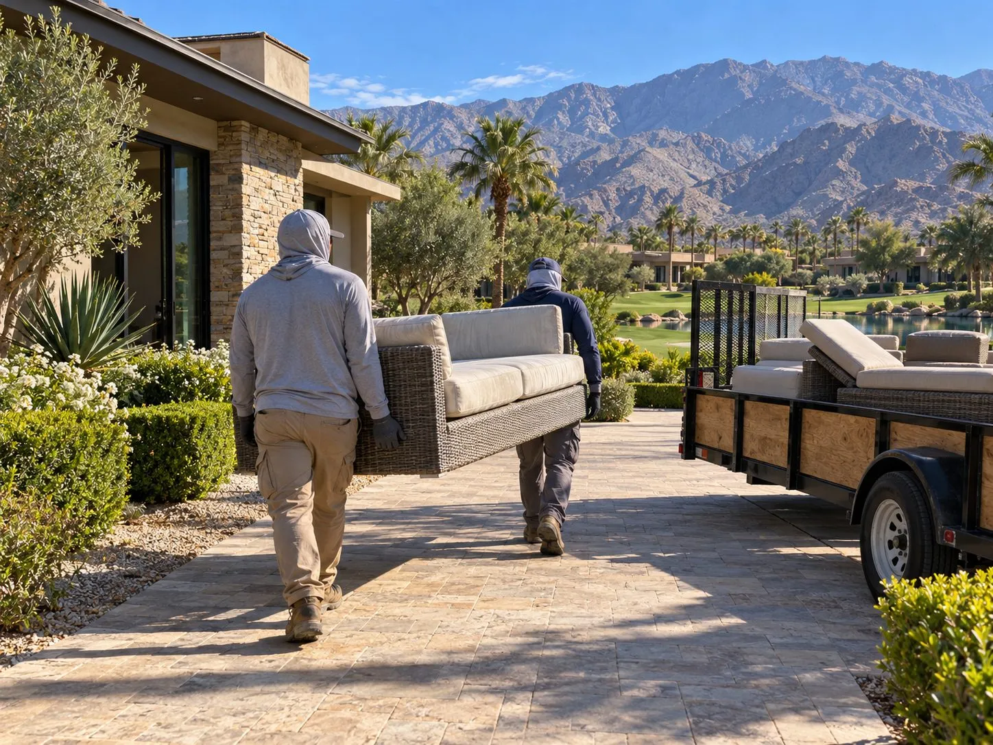 Service illustration: two workers removing old outdoor furniture from an Indian Wells casita