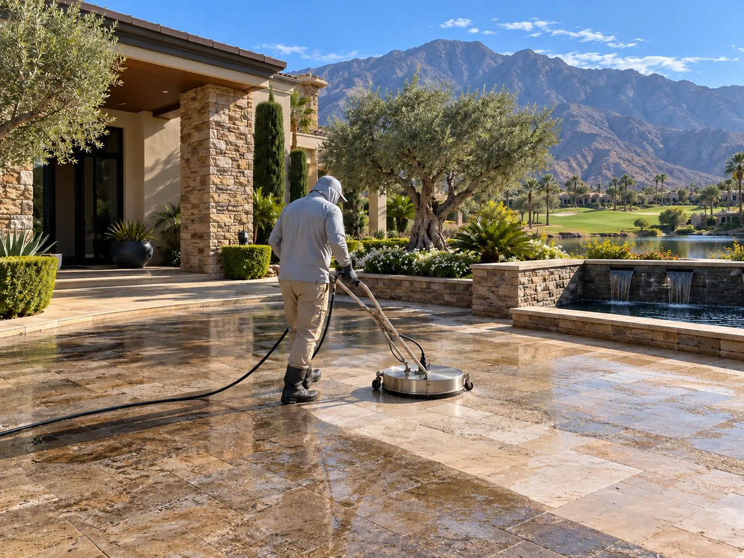 Service illustration: a surface cleaner washing a travertine motor court in Indian Wells