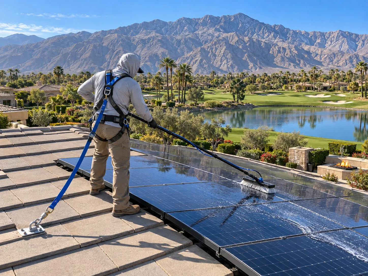 Service illustration: a worker cleaning a large rooftop solar array on an Indian Wells estate