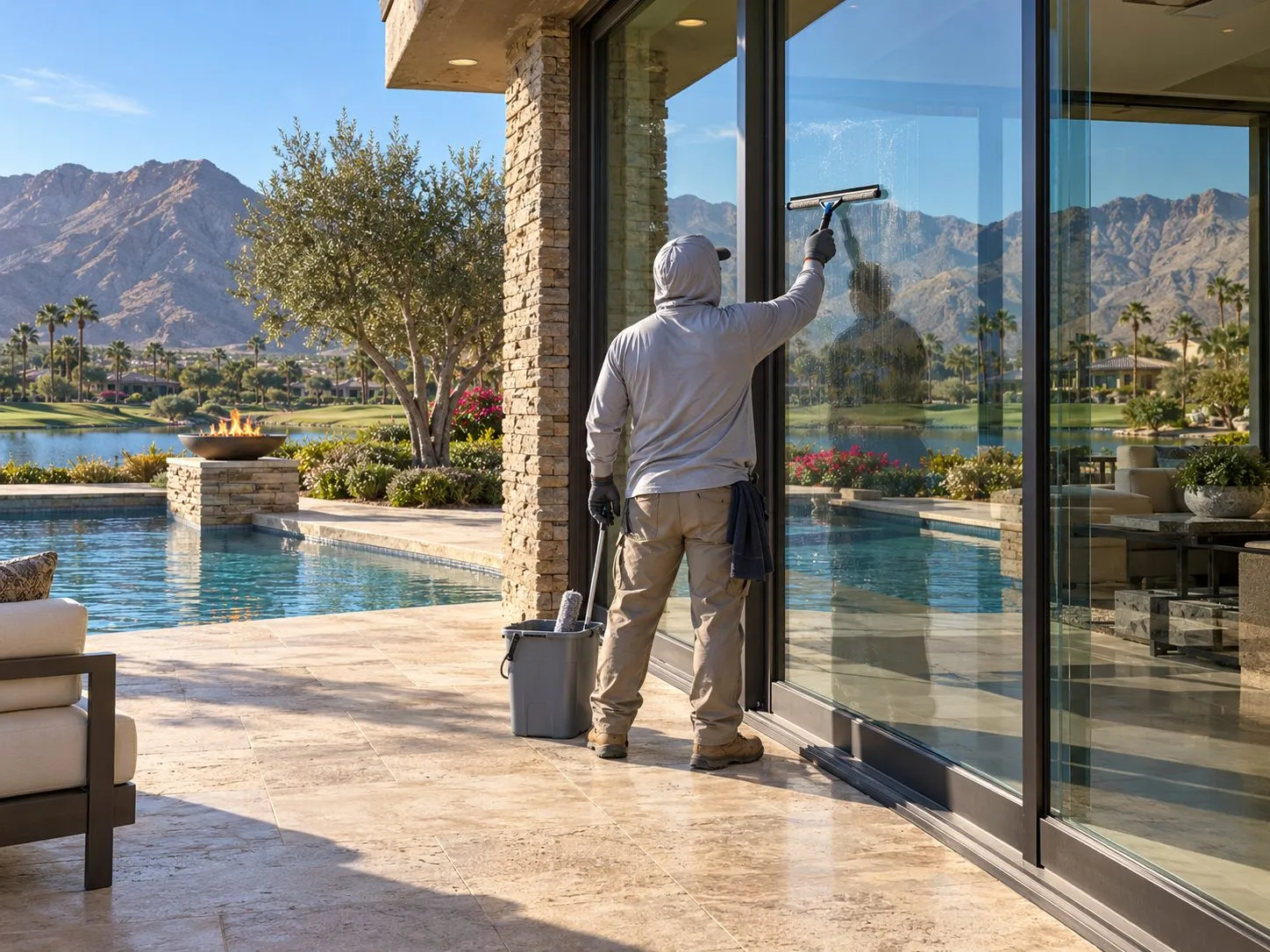 Service illustration: a worker cleaning tall glass doors on an Indian Wells pool terrace