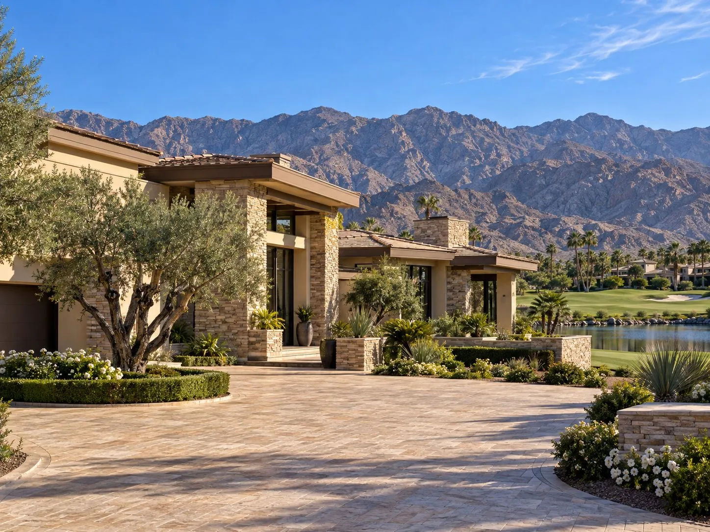 Property illustration: a stone-and-stucco golf estate beneath the Santa Rosa Mountains in Indian Wells