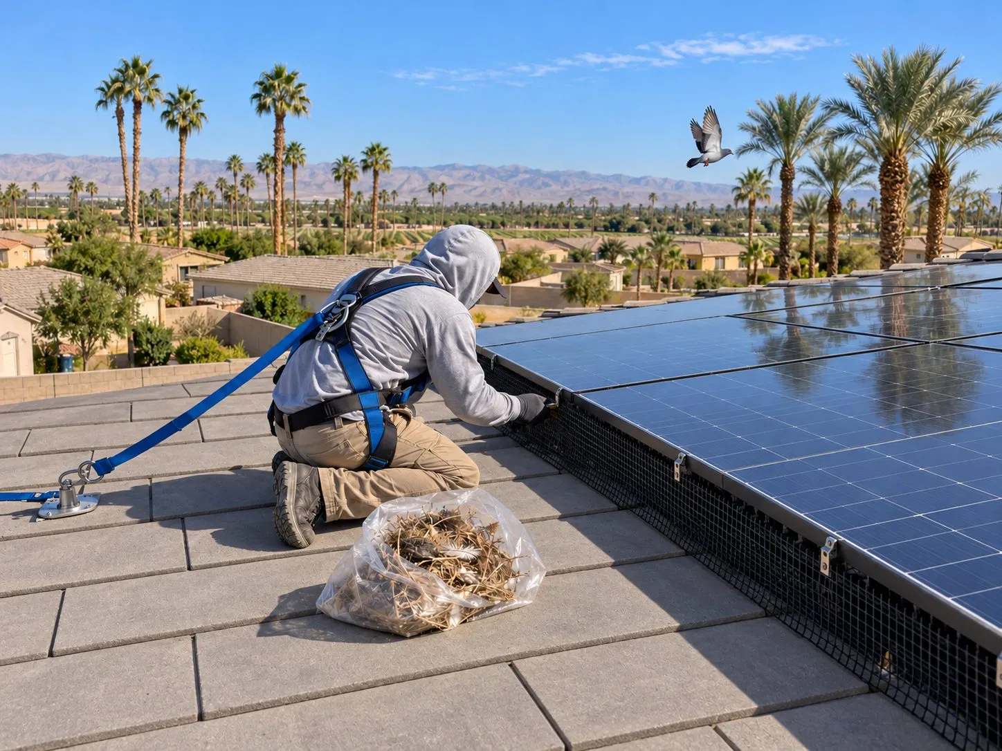 Service illustration: a worker fastening critter mesh around solar panels on an Indio home