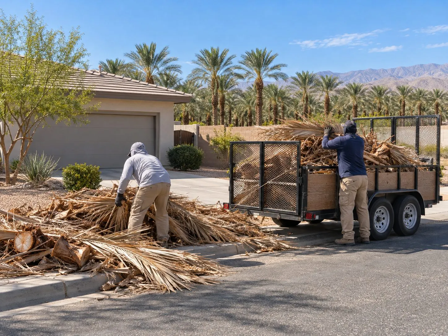 Service illustration: workers loading cut palm fronds into a trailer at an Indio home