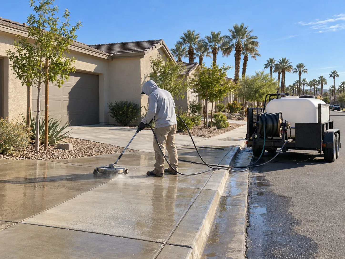 Service illustration: a worker pressure washing a driveway and sidewalk in an Indio neighborhood