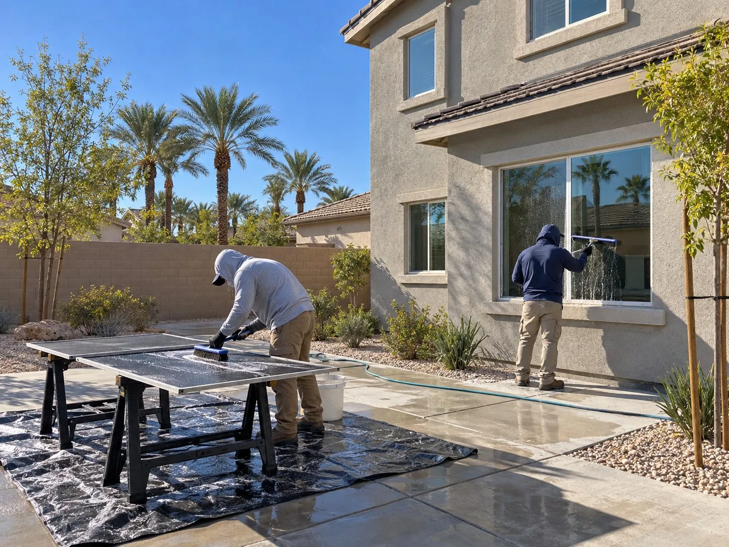 Service illustration: workers washing window screens and glass at an Indio tract home