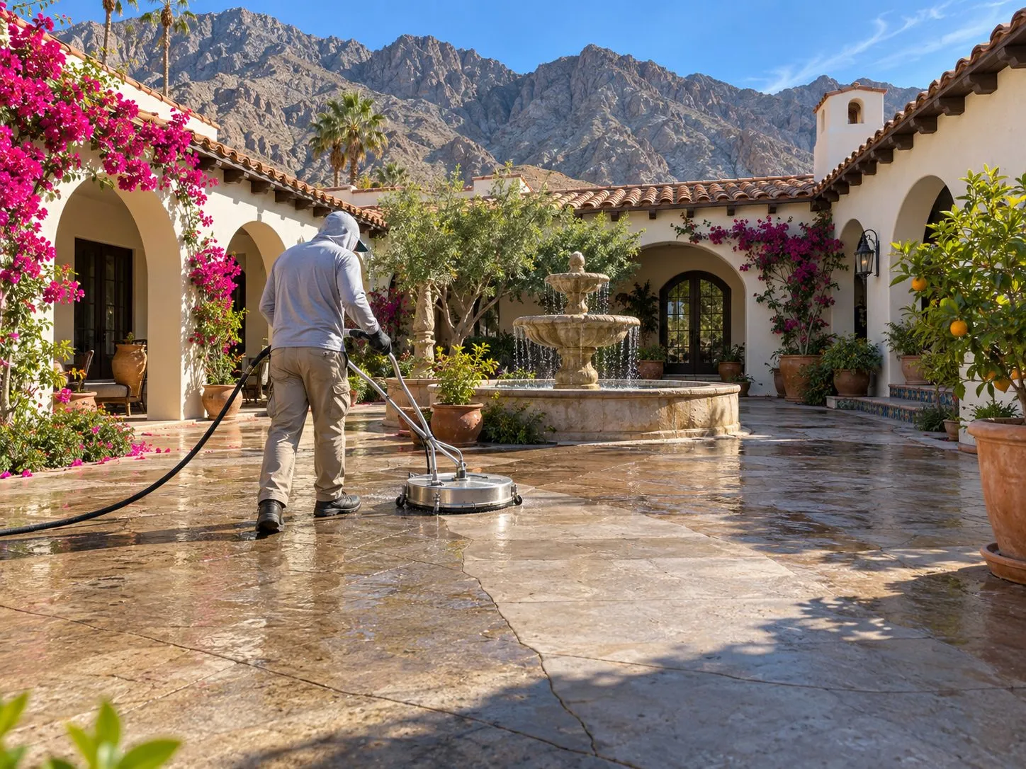 Service illustration: a surface cleaner washing a courtyard with a fountain in La Quinta