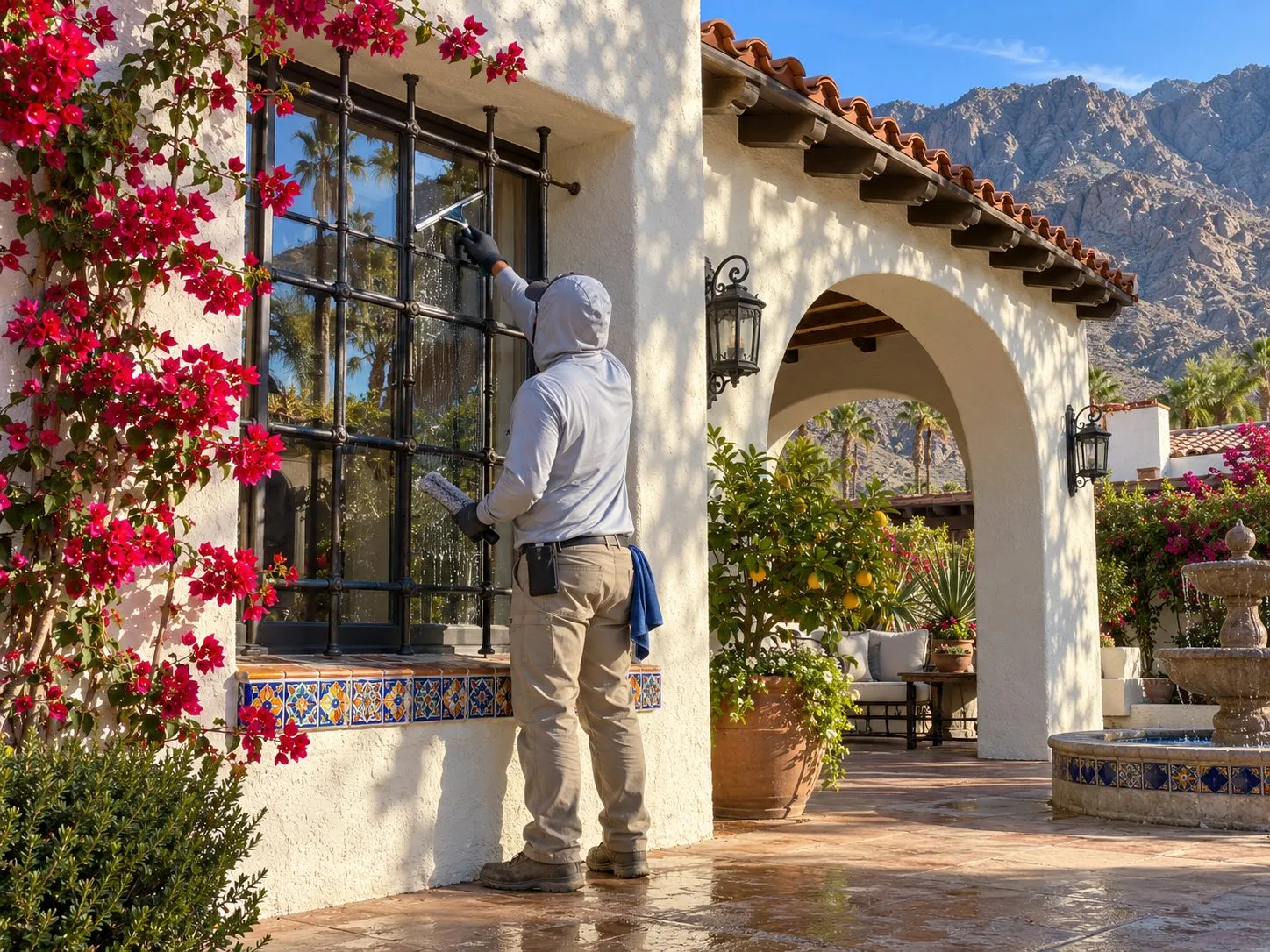 Service illustration: a worker cleaning a deep-set window with an iron grille at a La Quinta home