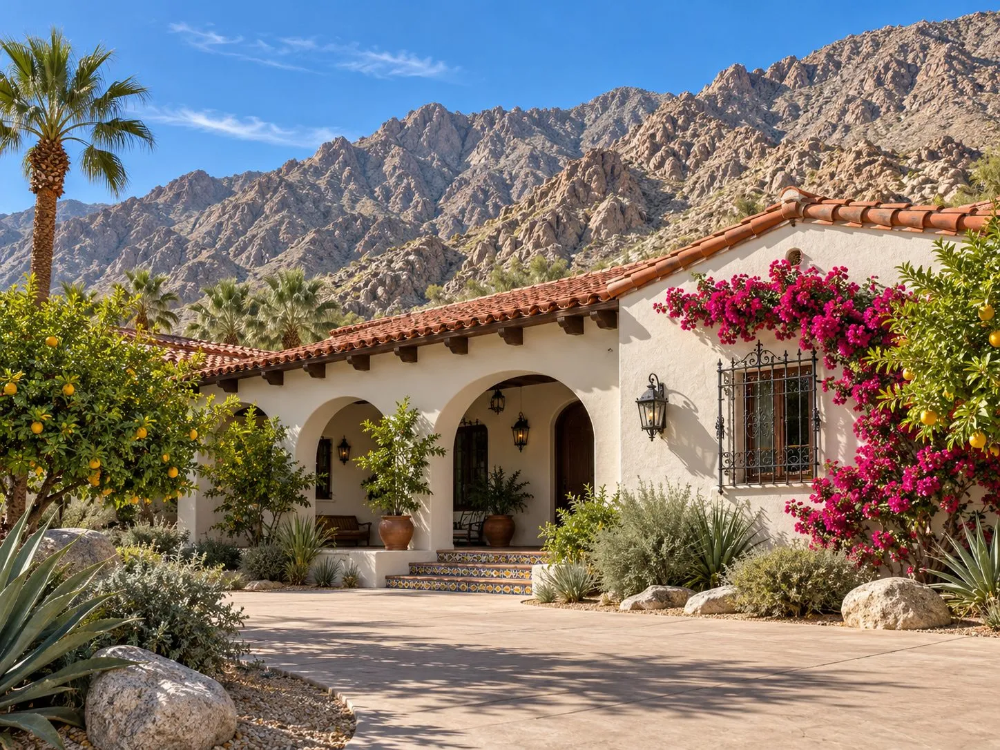 Property illustration: a Spanish Colonial home beneath the rock walls of the La Quinta Cove