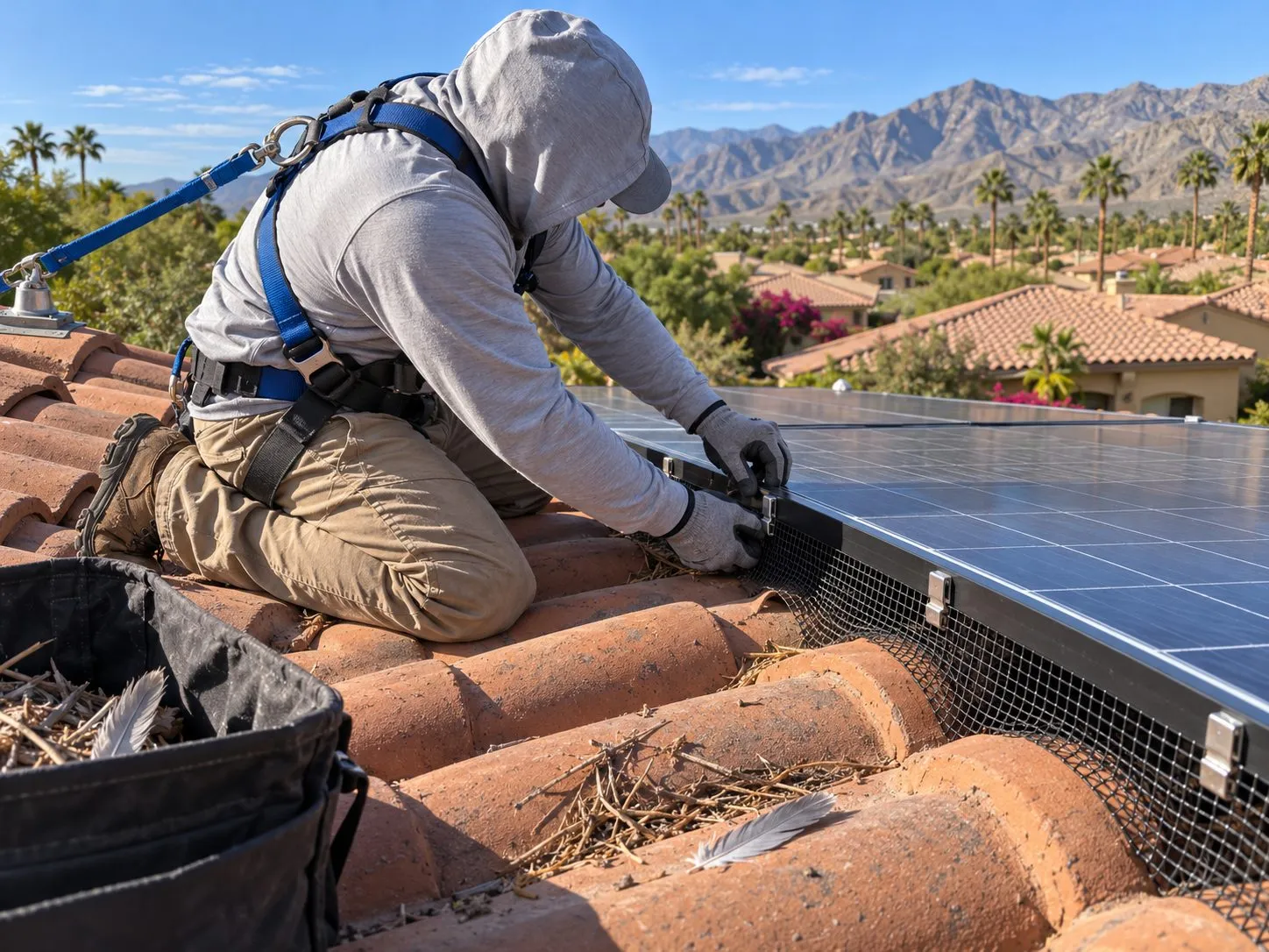 Service illustration: critter mesh being clipped to a solar array on a Palm Desert tile roof