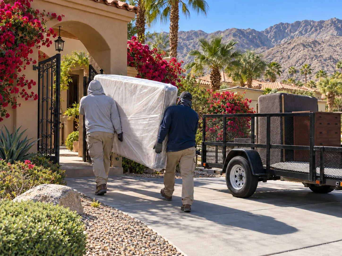 Service illustration: two workers carrying a mattress from a Palm Desert home to a trailer