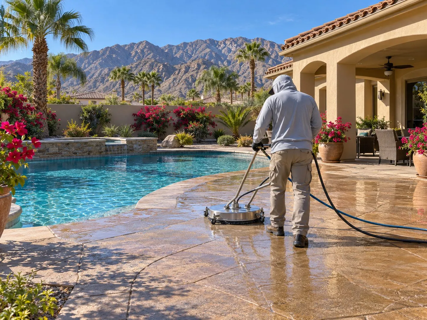 Service illustration: a surface cleaner washing a patio and pool deck at a Palm Desert home