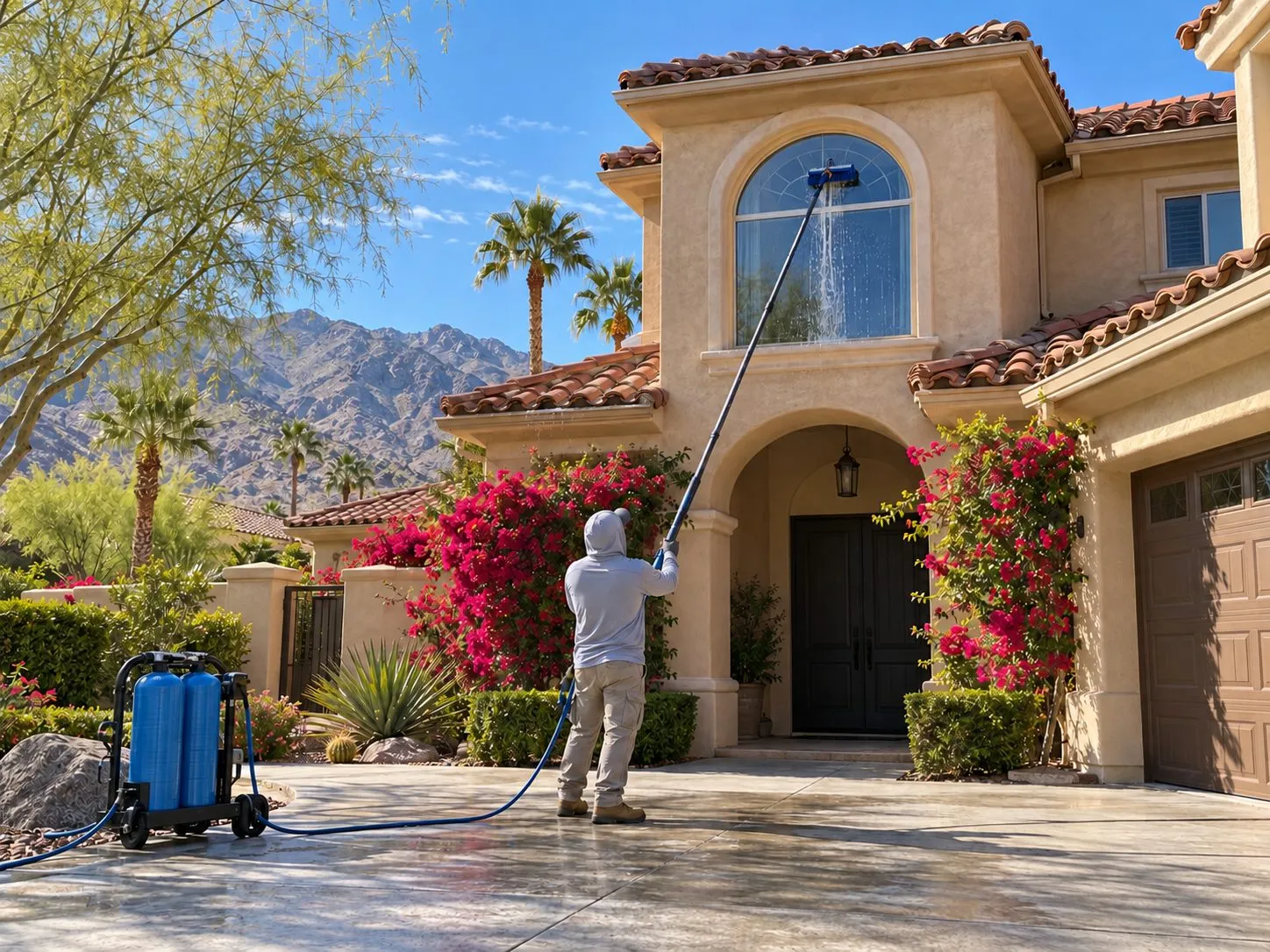 Service illustration: a water-fed pole cleaning an arched upper window on a Palm Desert home