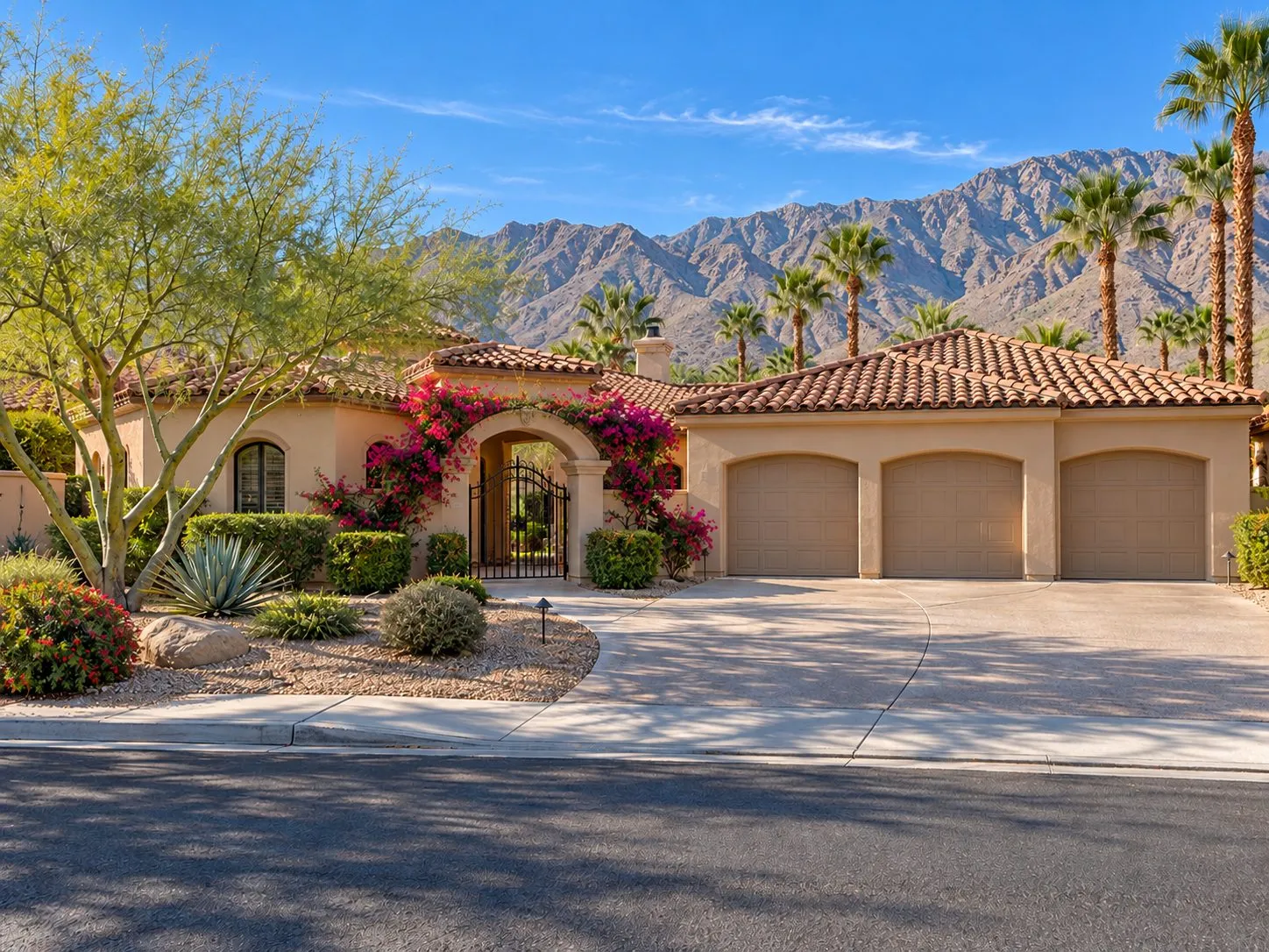 Property illustration: a Mediterranean home with a barrel-tile roof in a Palm Desert neighborhood
