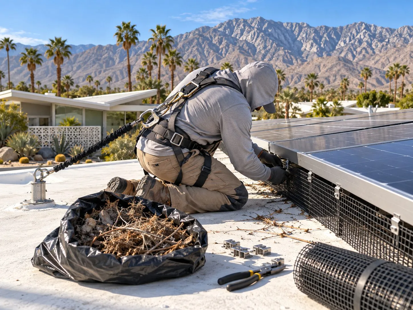 Service illustration: hands fitting critter mesh beneath racked solar panels on a Palm Springs flat roof