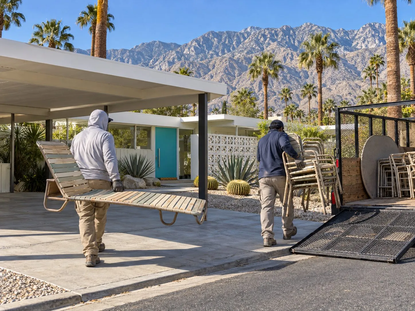 Service illustration: two workers hauling old patio furniture from a Palm Springs carport to a trailer