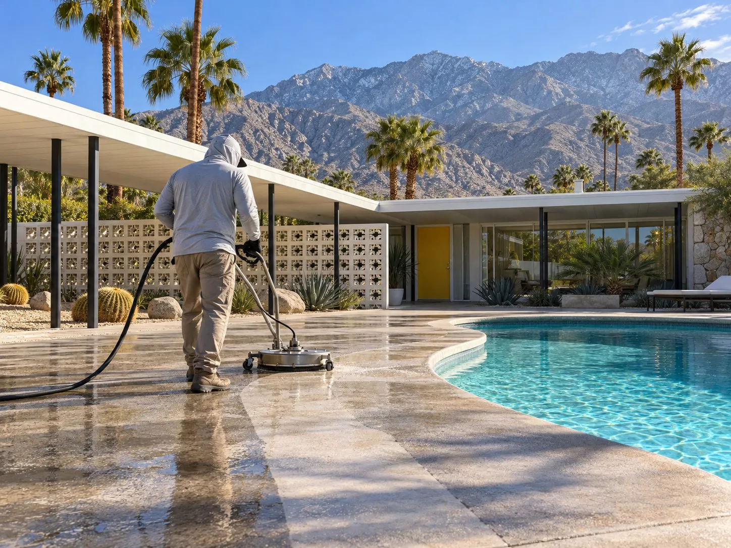 Service illustration: a surface cleaner washing a pool deck at a Palm Springs mid-century home