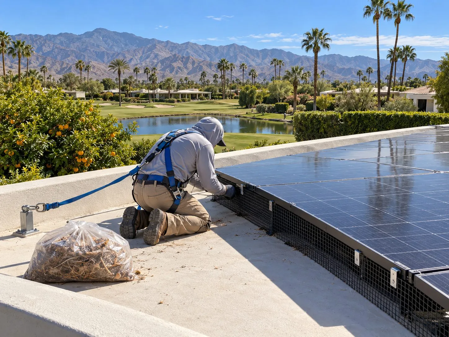 Service illustration: a worker sealing the gap under solar panels on a Rancho Mirage casita roof