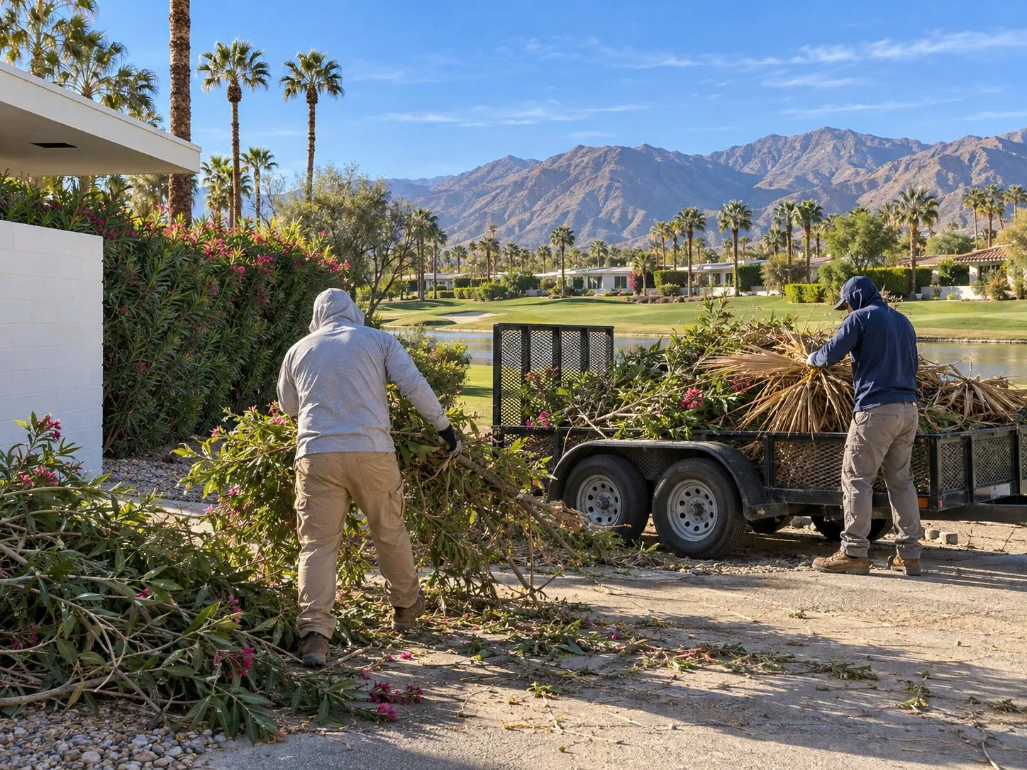 Service illustration: workers loading yard trimmings into a trailer at a Rancho Mirage estate