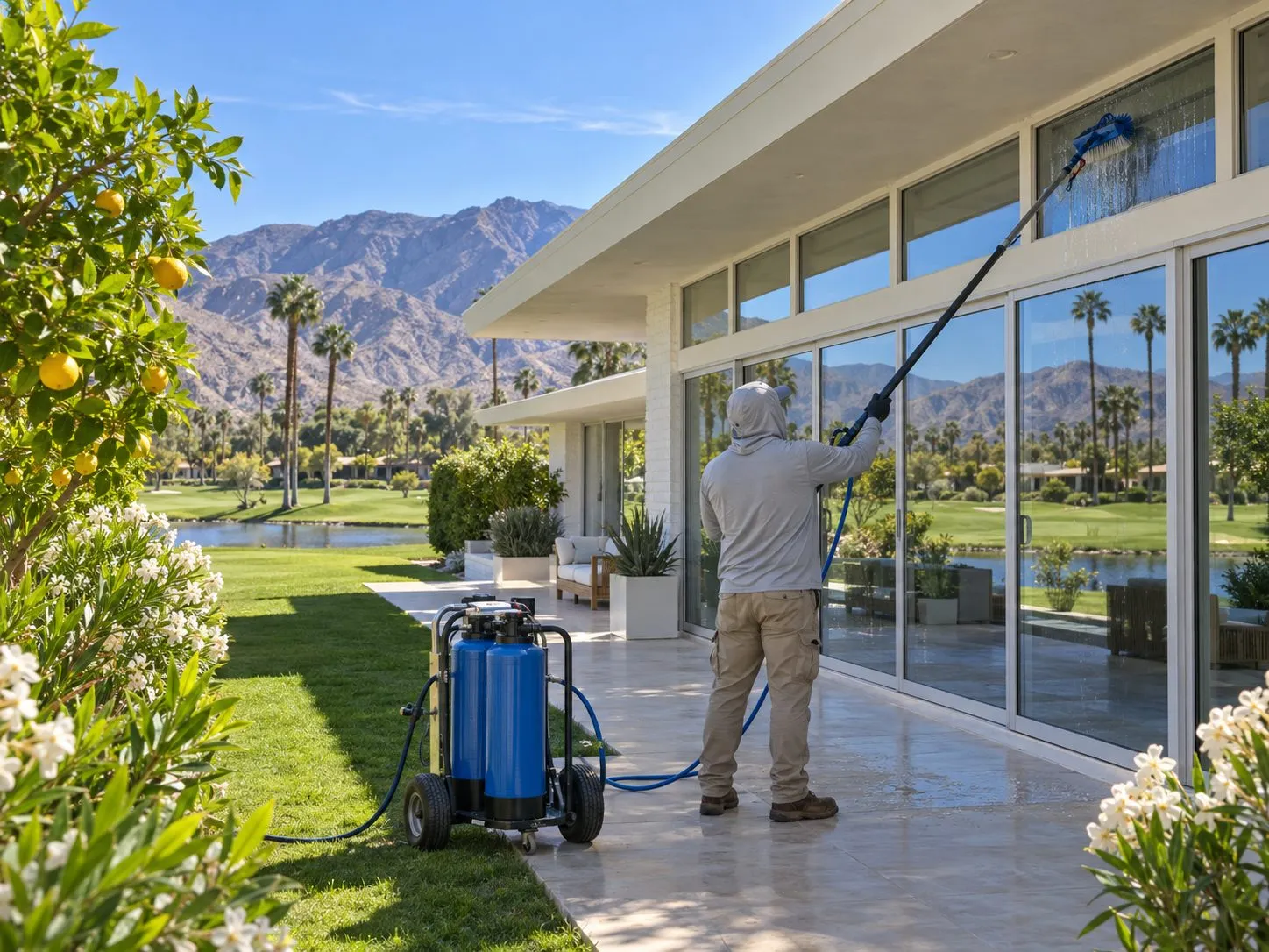 Service illustration: a water-fed pole cleaning clerestory windows on a Rancho Mirage estate