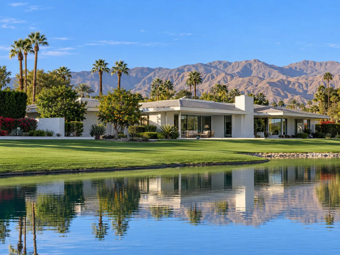 Property illustration: a low white mid-century estate on a golf fairway in Rancho Mirage