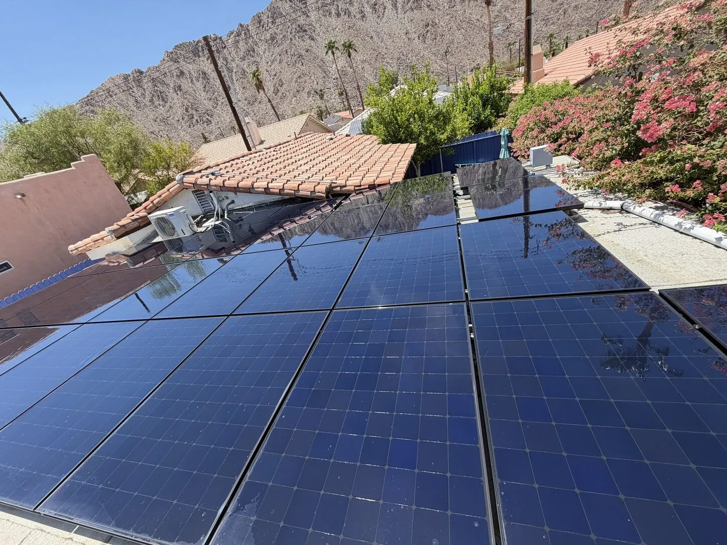 Job photo: dust-streaked panels beside a bougainvillea in La Quinta, and the same panels cleaned