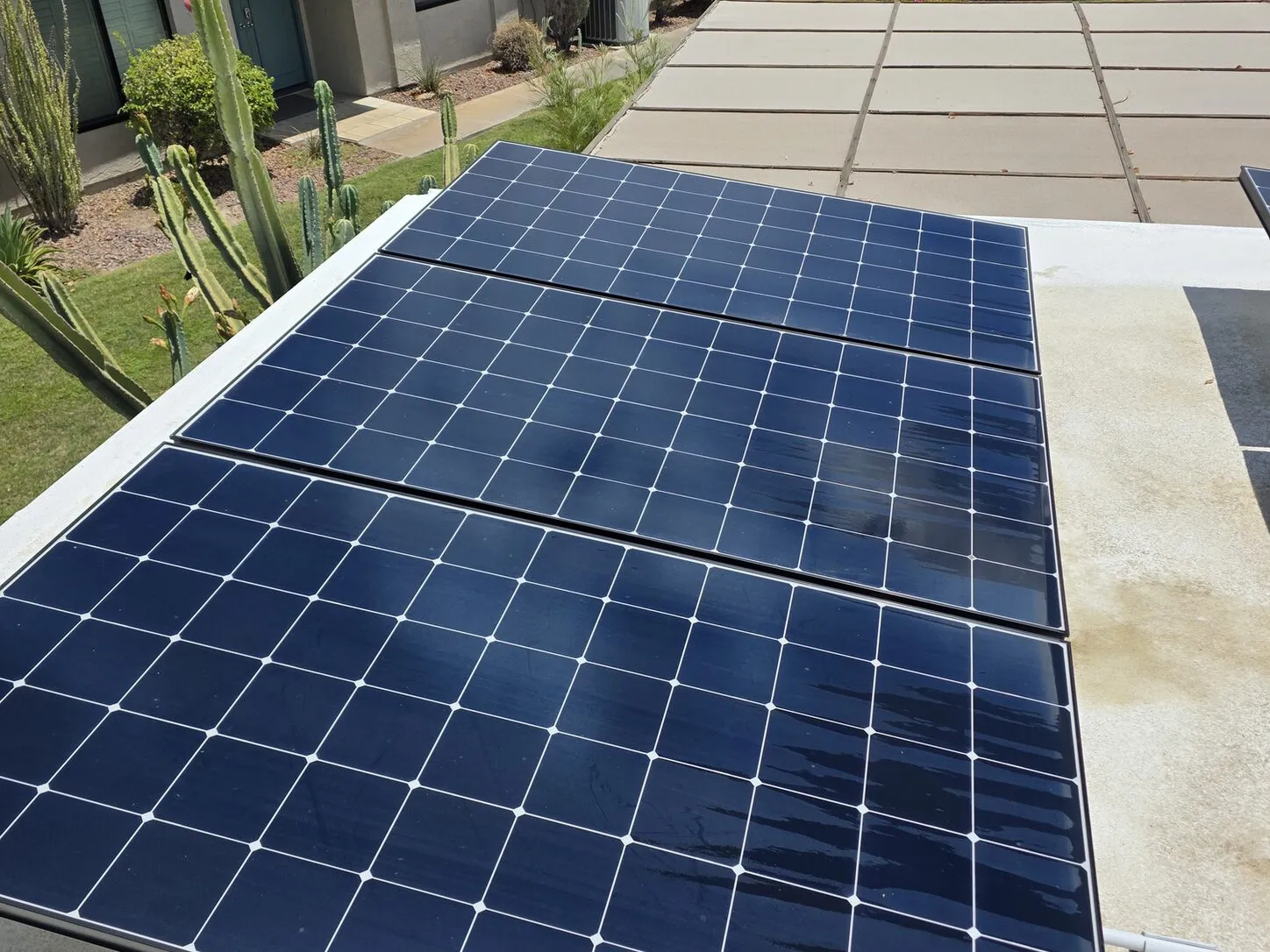 Job photo: a cleaned solar array on a Palm Springs roof above a desert garden
