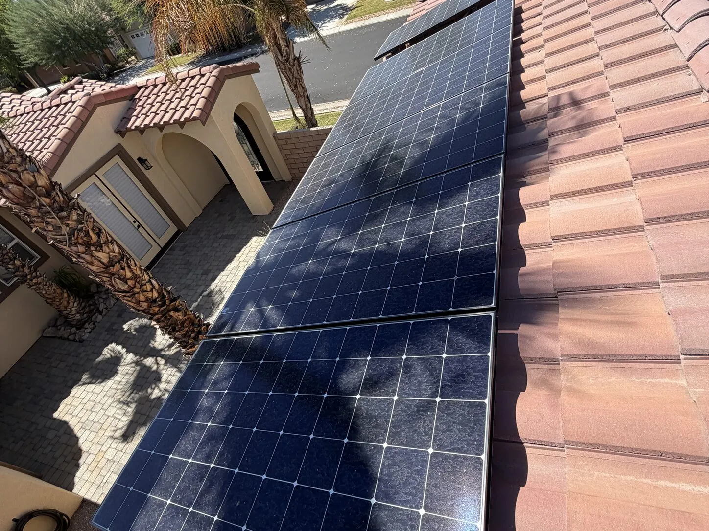 Job photo: freshly cleaned solar panels on a Rancho Mirage clay-tile roof