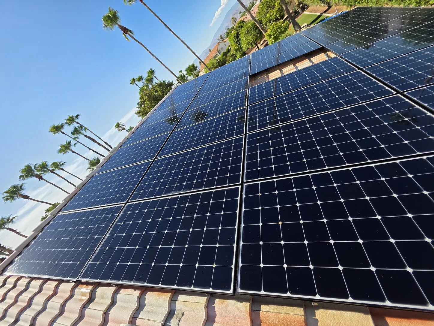 Job photo: freshly cleaned solar panels on a Cathedral City tile roof, with palms behind