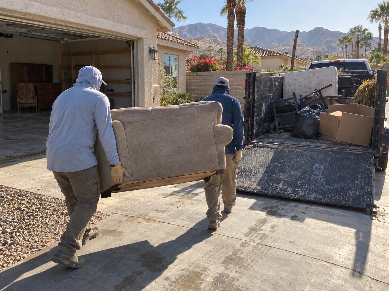 Service illustration: two workers carrying a sofa from a garage to a haul-away trailer
