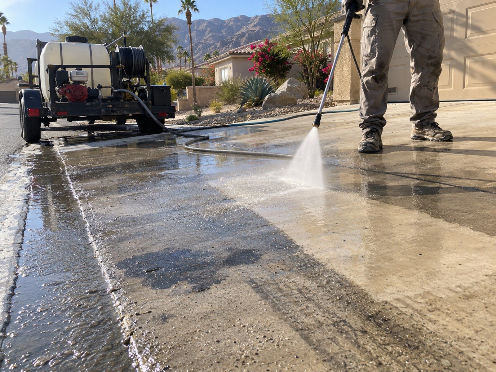 Service illustration: a pressure-washing wand rinsing a desert home’s driveway